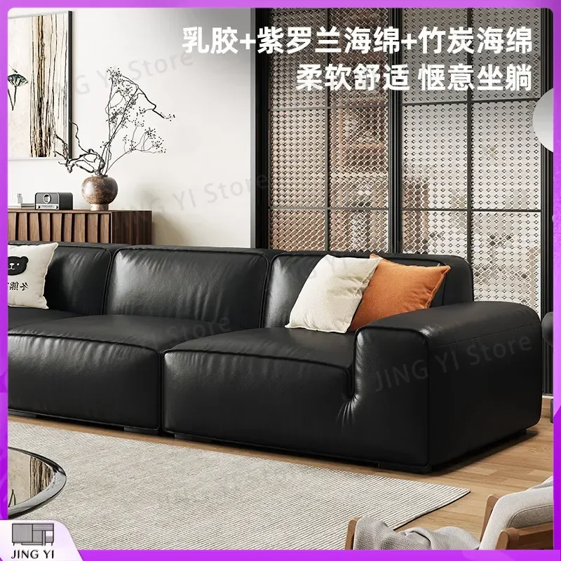 Big Black Cowhide Sofa Italian Minimalist Retro Living Room Sofa Genuine First Layer Leather