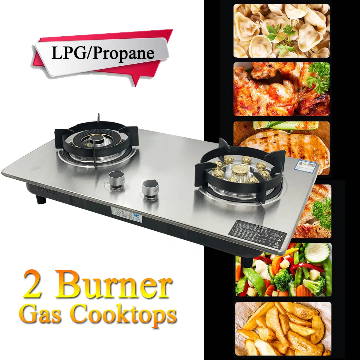 Double Burner Gas Cooker Stainless Steel Gas Stove LPG/Propane Gas Hob Double Flame 4.5KW Left+5.2KW Right Burner