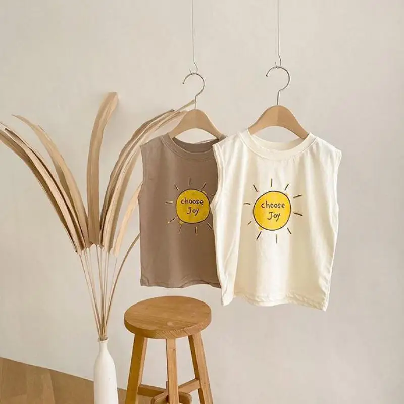 

2025 Summer New Baby Sleeveless T Shirts Thin Cotton Boys Breathable O-neck Vest Infant Girls Cartoon Print Tee Kids Casual Tops