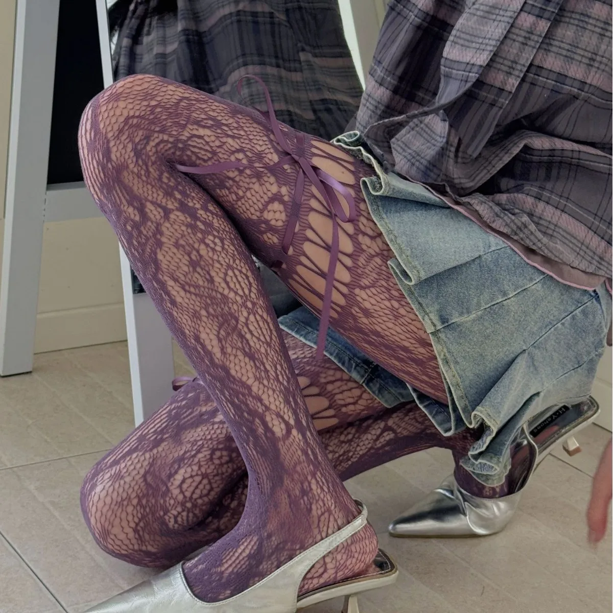 

Stylish Punk Tights Lace Bow-knot Strappy Fishnet Women Stockings Y2K Grunge Gothic Ripped Mesh Pantyhose Black Fashion Girls