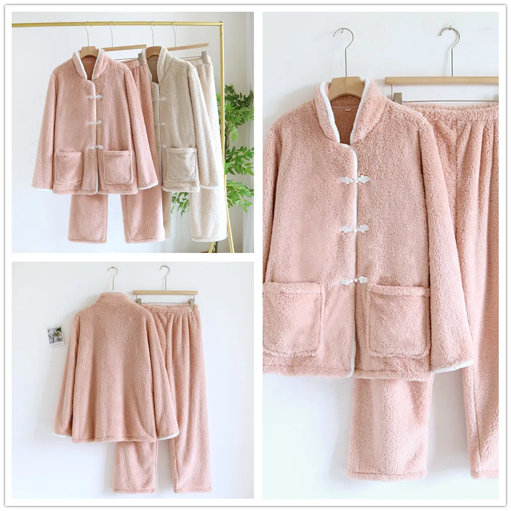 Thicken Coral Fleece Women's 2PCS Handmade Buttons Pajamas Set Loungewear Winter Sleepwear Casual Flannel Homewear