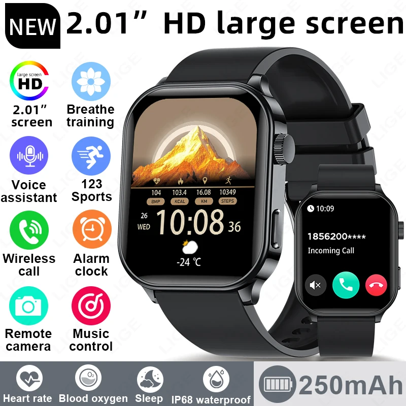 

LIGE 2026 Smart Watch Men 2.01'' HD Large Screen Bluetooth Call Heart Rate Sleep Health Monitoring Waterproof Smartwatch Sports