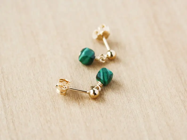 Malachite Stud Earrings Gold . Square Cube Stud Earrings Gold Filled . Green Stone Earrings Dangle NEW