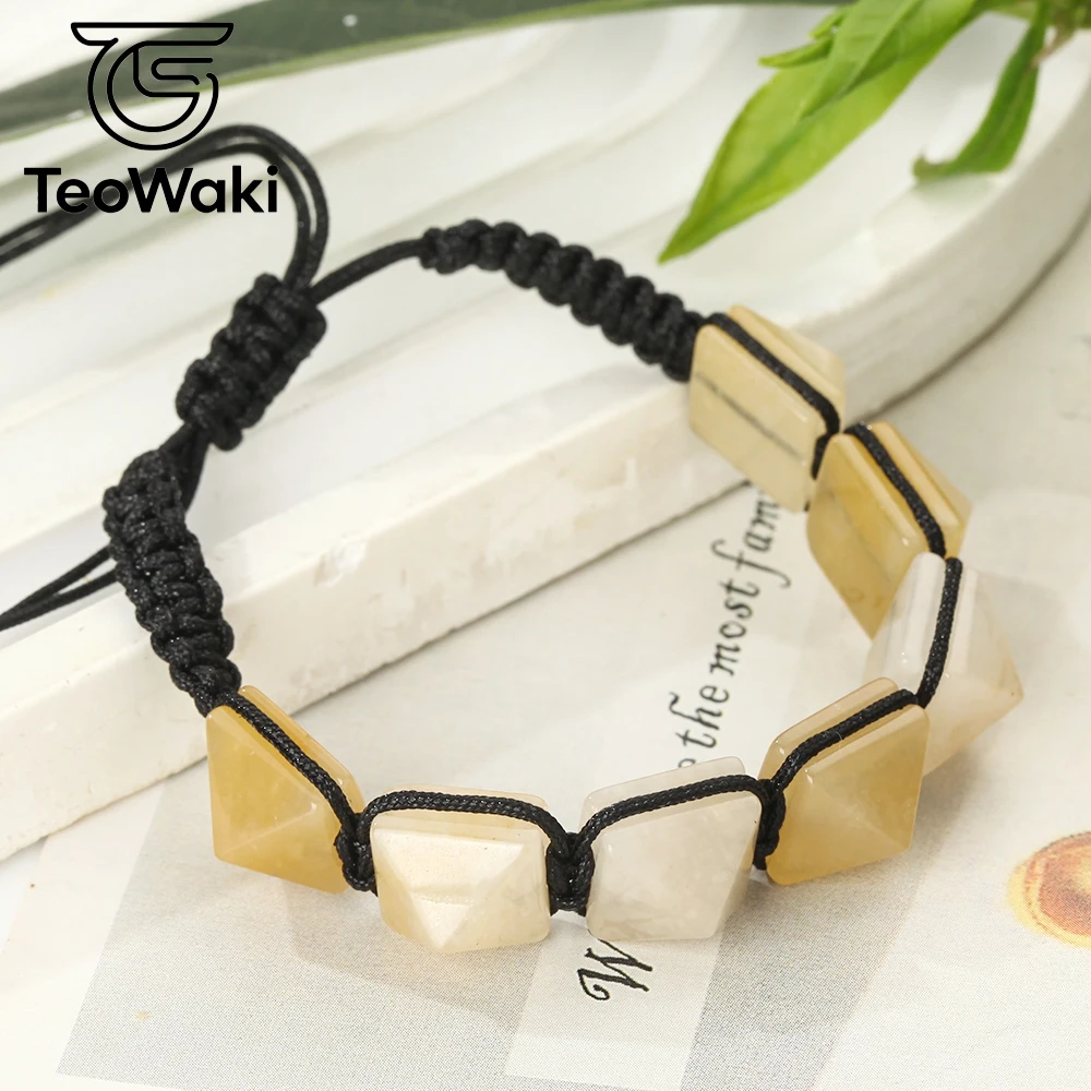 TeoWaki Natural Yellow Jades Pyramid Beads Braided Bracelet Adjustable Geometric Square Stone Bracelet Fashion Jewelry 14+8cm