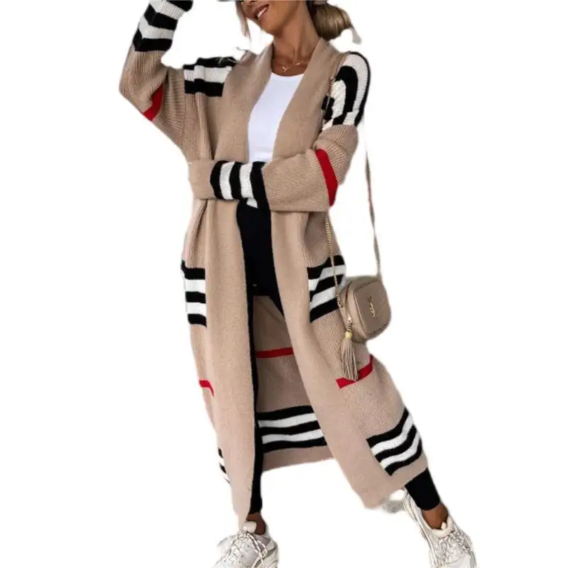 

2024 Long Stripe Knitted Open Cardigan Loose Svel Women's Outerwear Street Sle Nylon Fabric Regular Sve Length