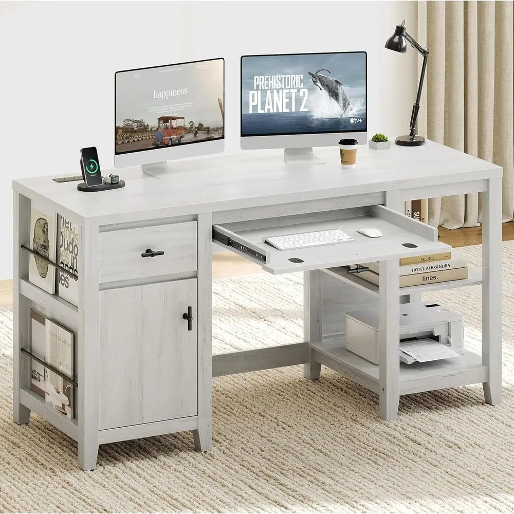 White Large Writing Desk with Adjustable Keyboard Tray, Drawers, and Magazine Rack for Home Office and Study