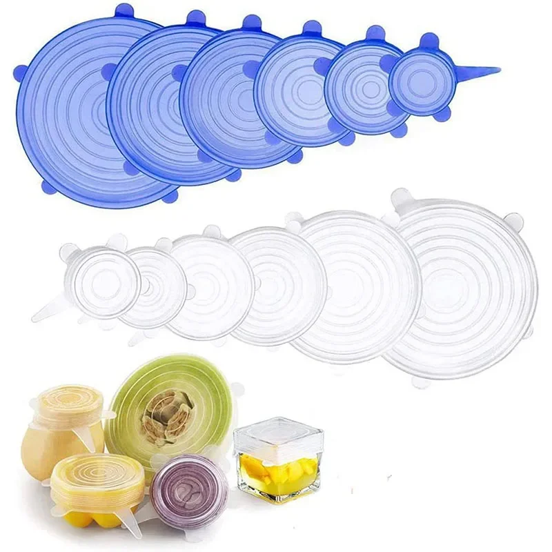 6 pcs Silicone Stretch tampas reutilizáveis hermético Fruit Food Wrap coberturas mantendo fresco Seal Bowl Stretchy Wrap Preservation Cover