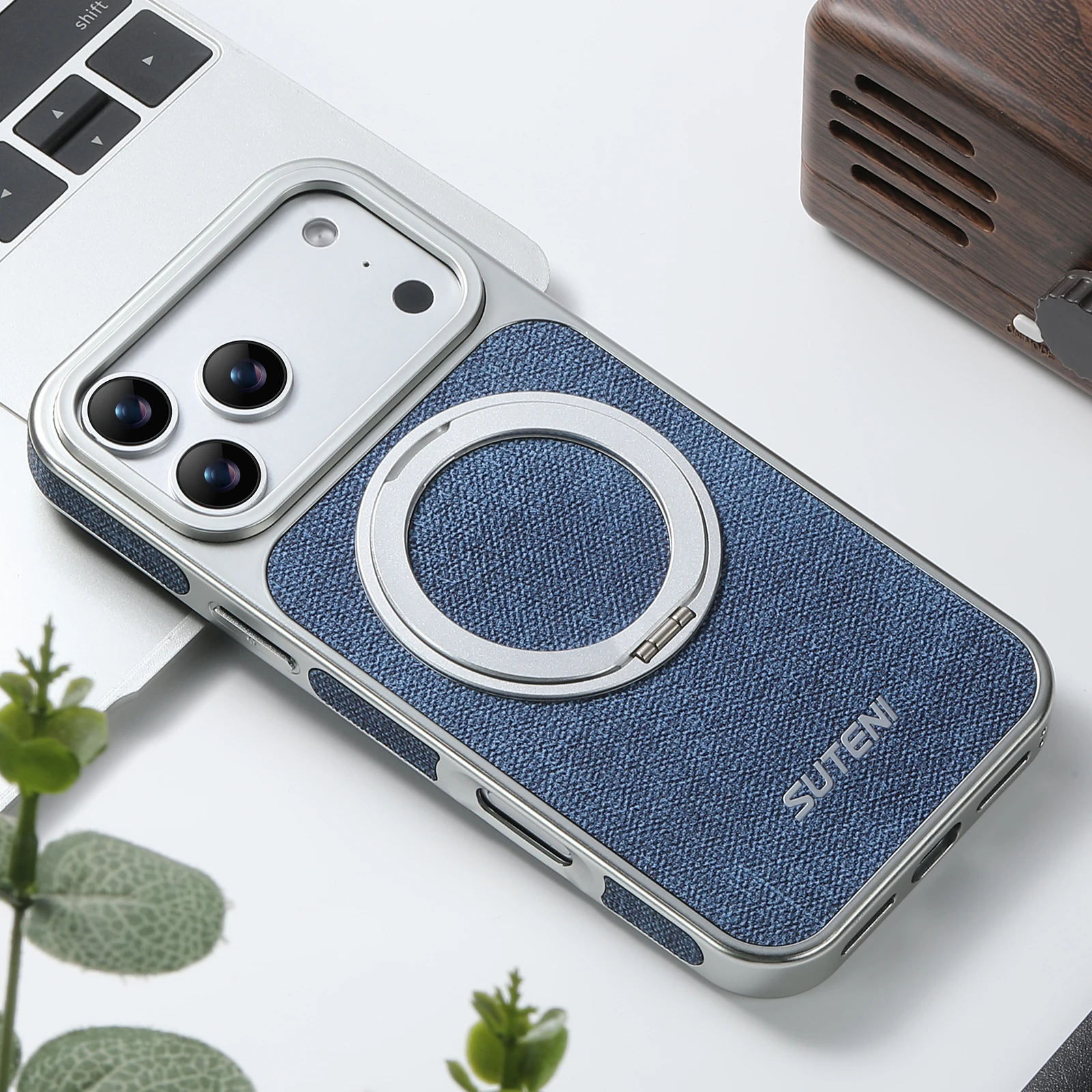 

SUTENI Faux Leather Magnet Wireless Charging Phone Case 360° Rotating Stand Ring Buckle Frosted Feel For iPhone 17 Pro Max 16 15