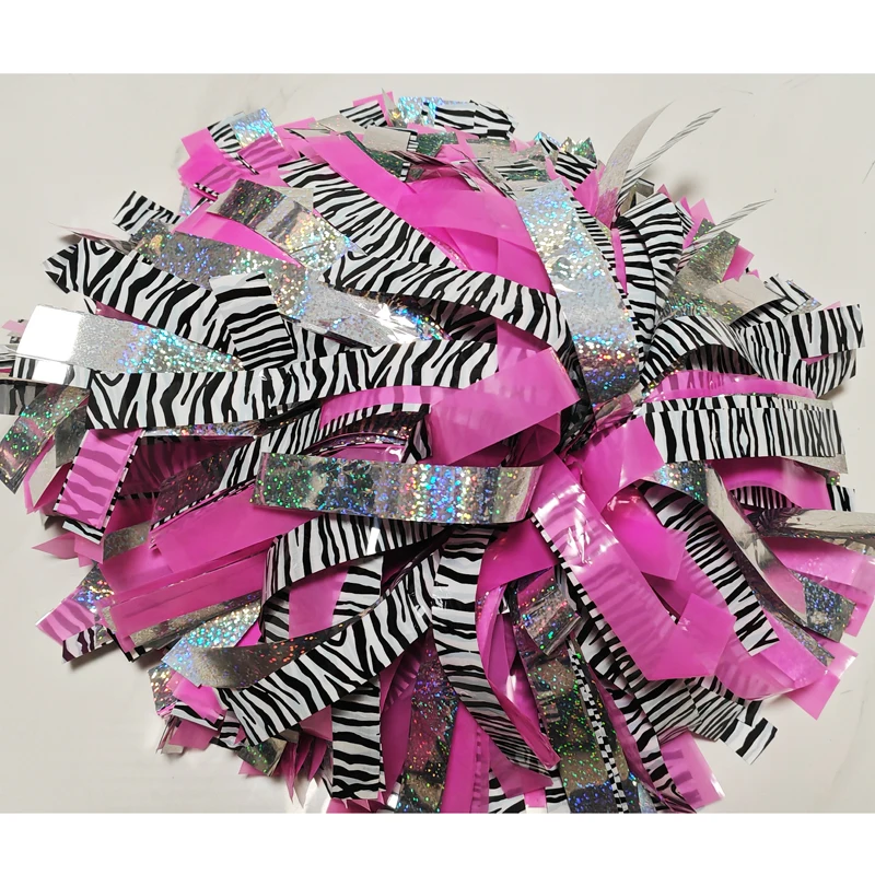 

1piece,Pom Poms with Pink Plastic, White and Black Zebra, 6 inch Size, 8 inch, 10 inch