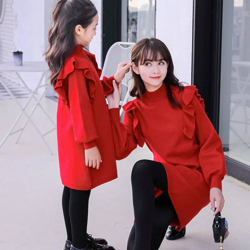 2024 New Mommy and Me Clothing Christmas Knitted Long Sleeve Costumes New Parent-child Dresses Family Matching Outfits Clothes