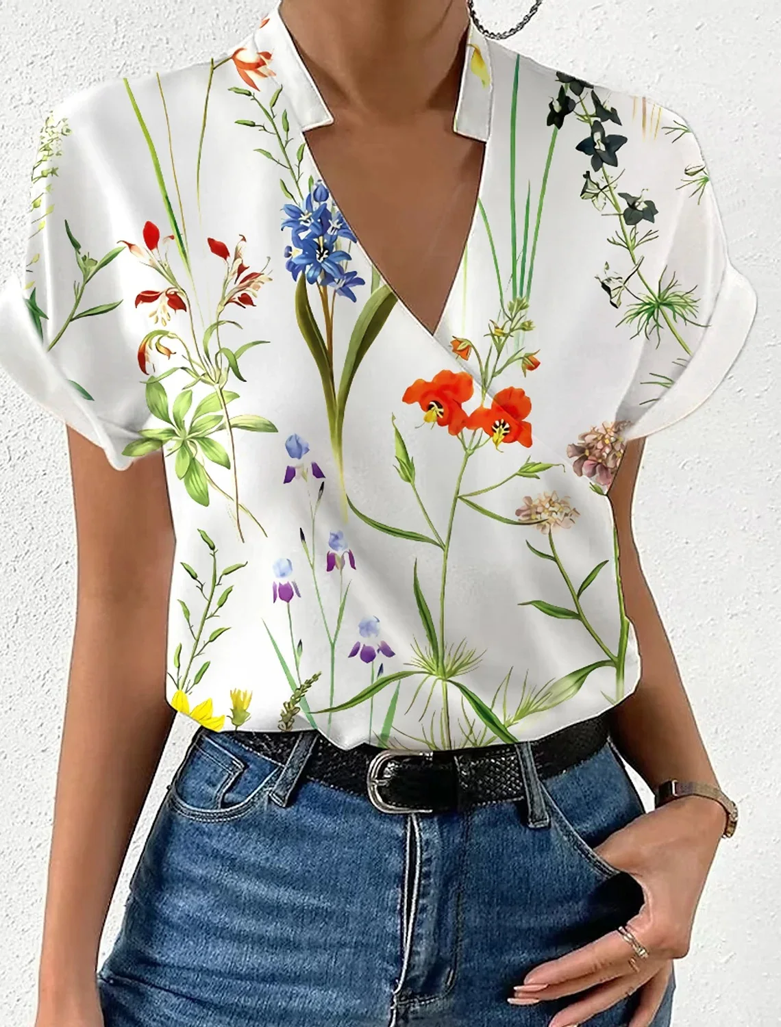 Elegant Blouse Printed Short Sleeve Shirts 2024 Summer Office Lady Cross V-Neck Flower Shirt S-XXL