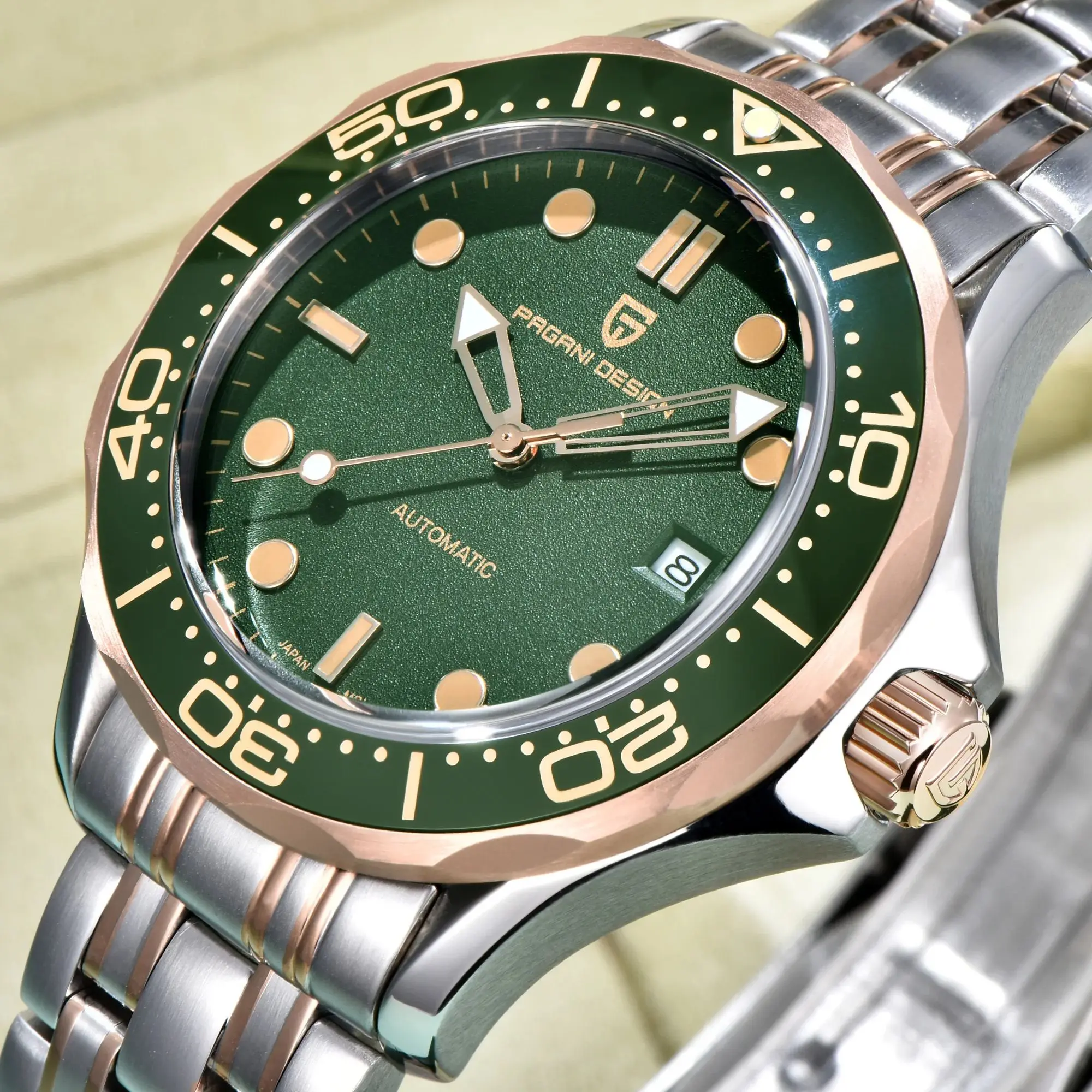 Montre automatique de luxe PAGANI DESIGN 2026, nouvelle montre en or rose et verte, cristal saphir AR, étanche, mécanique, pour homme