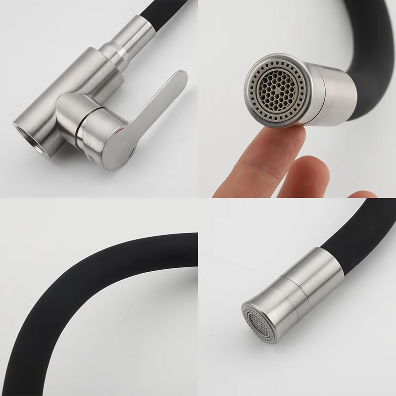 ULA خرطوم مرن صنبور المطبخ وعاء من الستانليس ستيل الأسود بالوعة المطبخ صنبور الماء الساخن البارد صنبور حوض خلاط وسائط مزدوجة فوهة #3