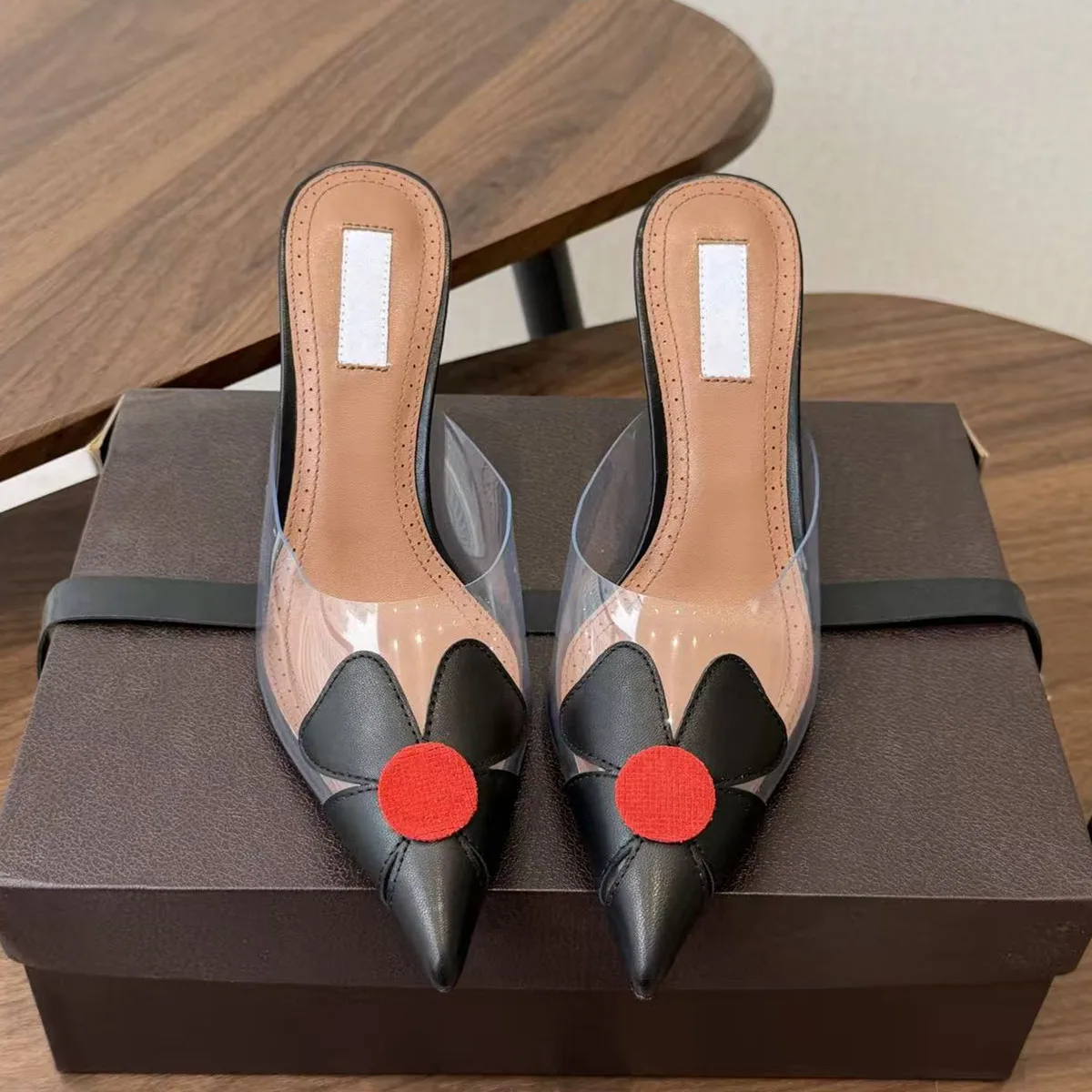 Real leather black toe cap thick heel half slippers for women 2026 new spring French shallow mouth pointed back empty sandals