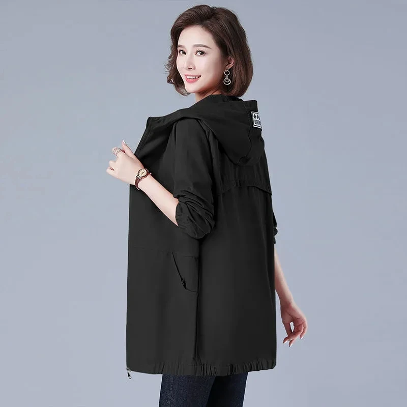 Women’s Jacket Long Coat 2023 New Autumn Casual Windbreaker Famale Hooded Pocket Zipper Overcoat Loose Outerwear L-6XL