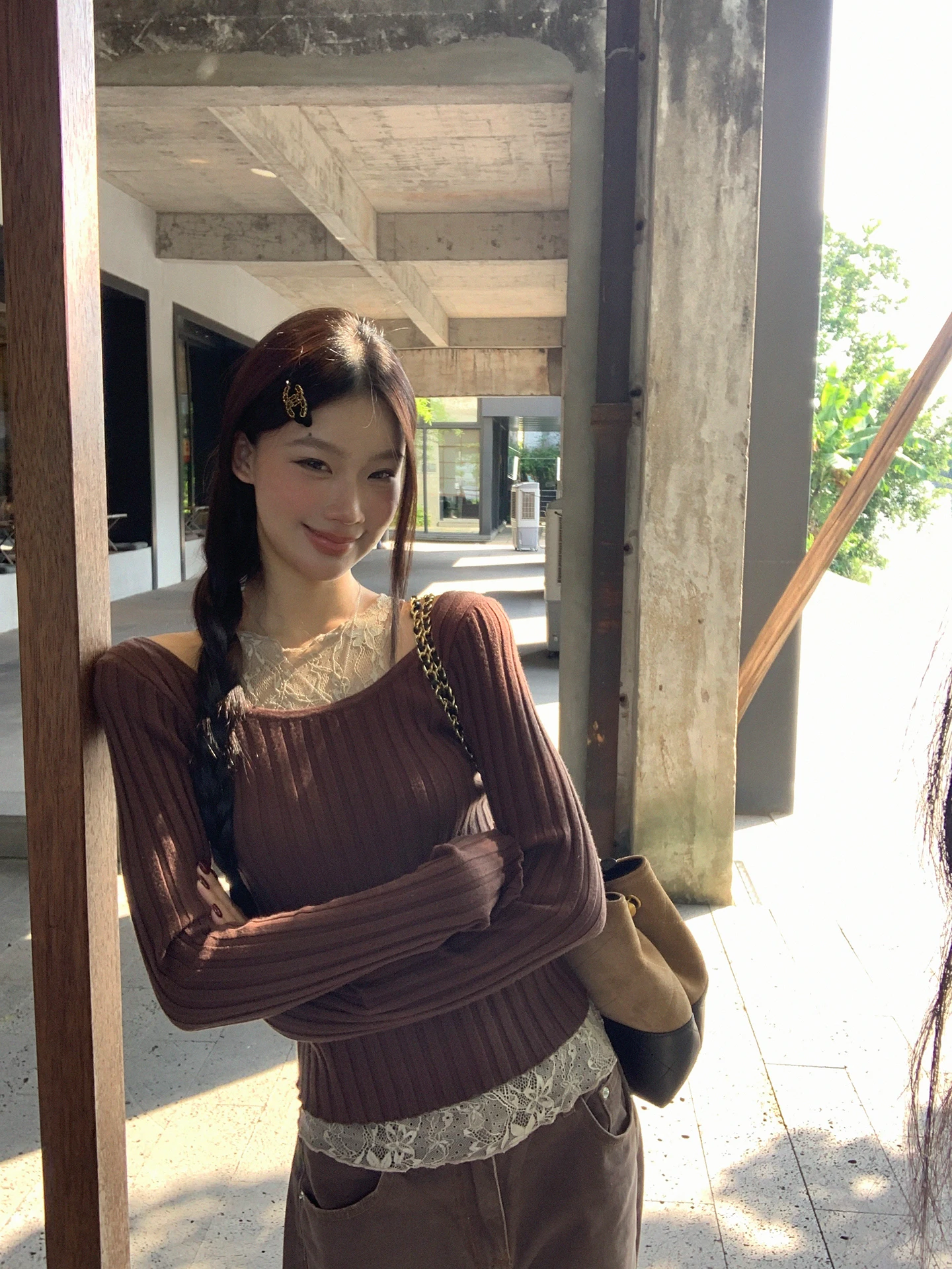 

Spring Early Season Women's Knitted Sweater Off-oulder Slim Fit Beautiful Caramel Color Easy Wear Commute Sle Long Sve