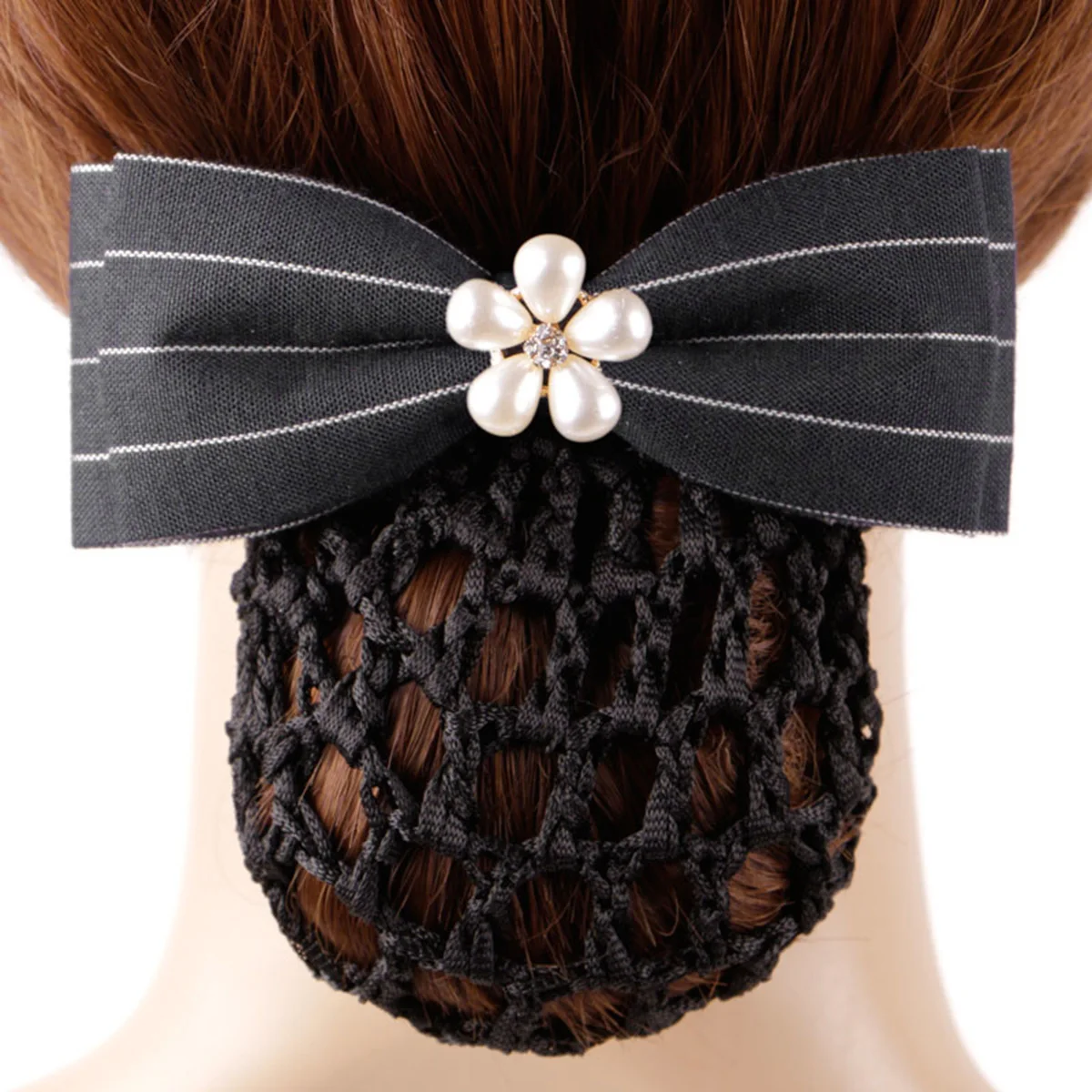 

Black White Striped Bowknot Pearl Studded Hair Net Fabric Hair Snood Elegant Headdress for Office Party Date Women Hairpins