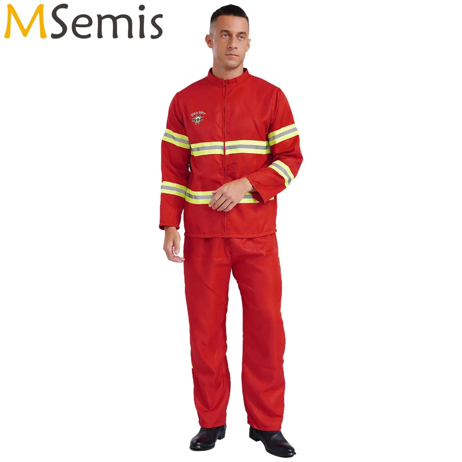 Mens Firefighter Fancy Dress Up Outfits Fireman Halloween Cosplay Costume Firefighting Jacket Coat Pants And Belt Plastic Helmet