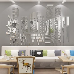 Urban Building Acrylic Mirror Wall Stickers, Living Room Wall Decoration, Creative City, Self-adhesive Sticker, Home Decor