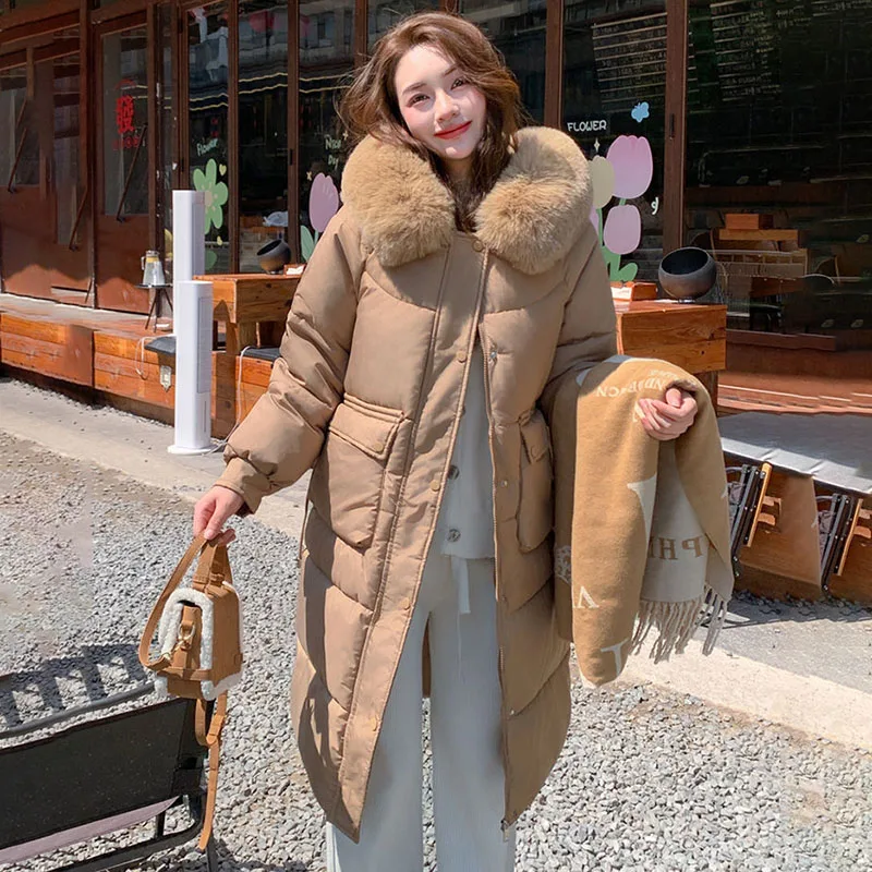 Korean Long Loose Hooded Cotton Jacket Women's Overcoat 2024 Winter New Down Cotton-Padded Jacket Thicke Wool Collar Warm Parka