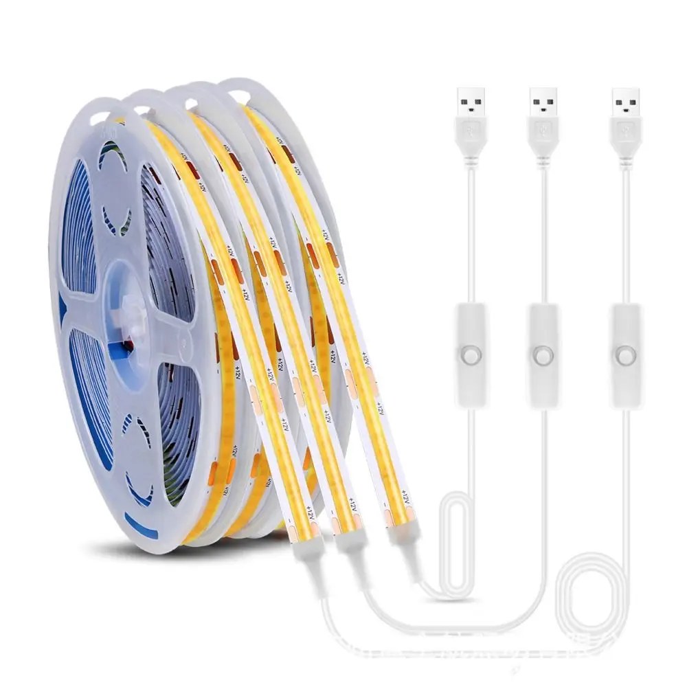 

High Density Flexible COB Led Strip Lights USB Powered White Tape Lights Warm White Touch Dimmer Control Lamp Home