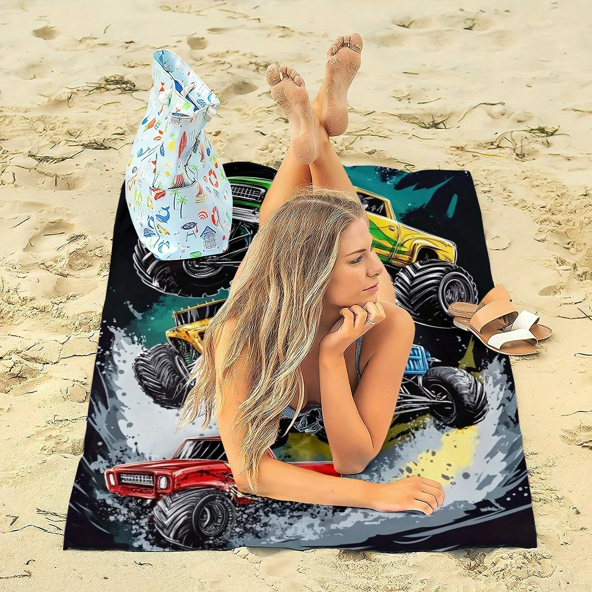 Monster Truck Jumping Pattern Beach Towel, Soft High Absorbent Microfiber Lightweight Towel for Beach Party Travel Camping