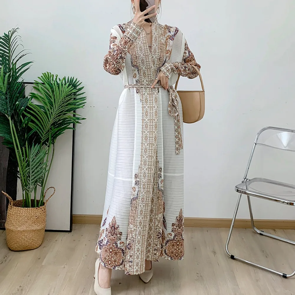 

Pleated Printed Long Trench Coat Jacket Women's Elegant Loose Large Size Middle East Cardigan Long Gown Holiday Dress Cardigan