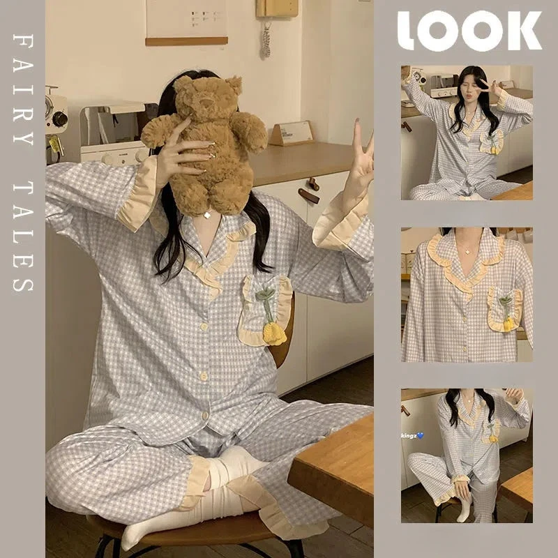 Latest Spring Autumn Pajamas Women Thin Sweet Nightdress Cute Lace Edge Sleepwear Long Sleeve Square Collar Casual Home Wear Set