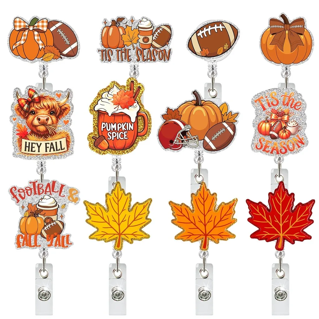 Fall Thanksgiving Pumpkin Maple Pattern Badge Reel Retractable Alligator Clip Id Card Holder For Nurses And Office Staff