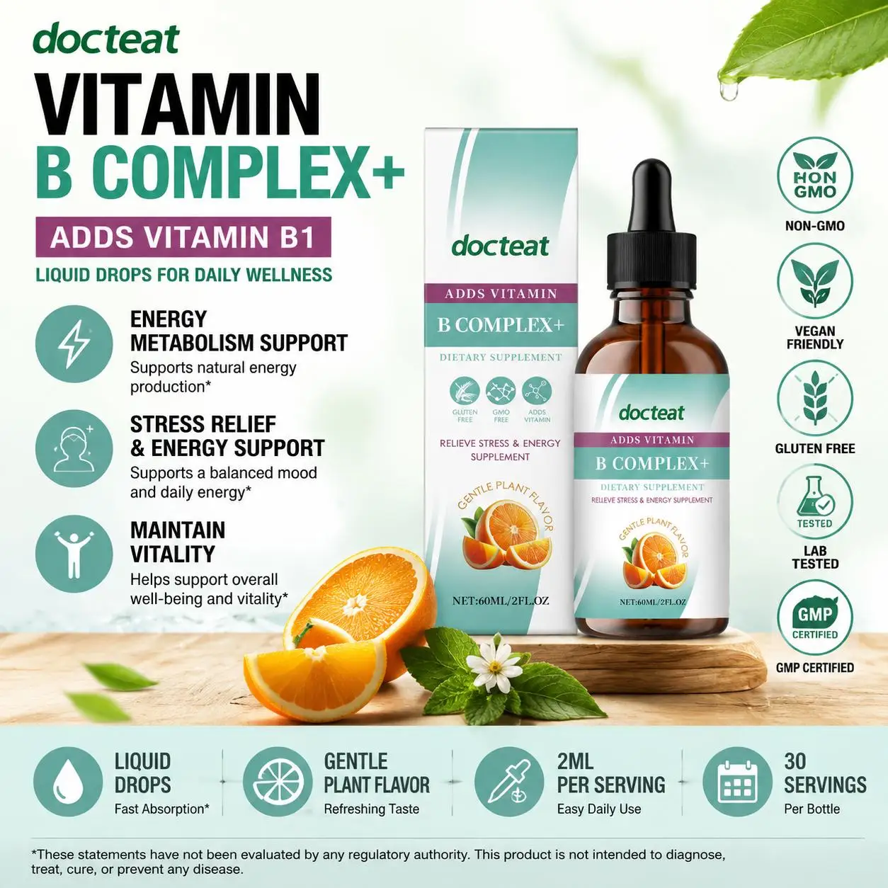 

Docteat Vitamin B1 Drops with Energy Metabolism Support, Stress Relief, and Gentle Plant Flavor; Gluten Free GMO Free, 60 ML