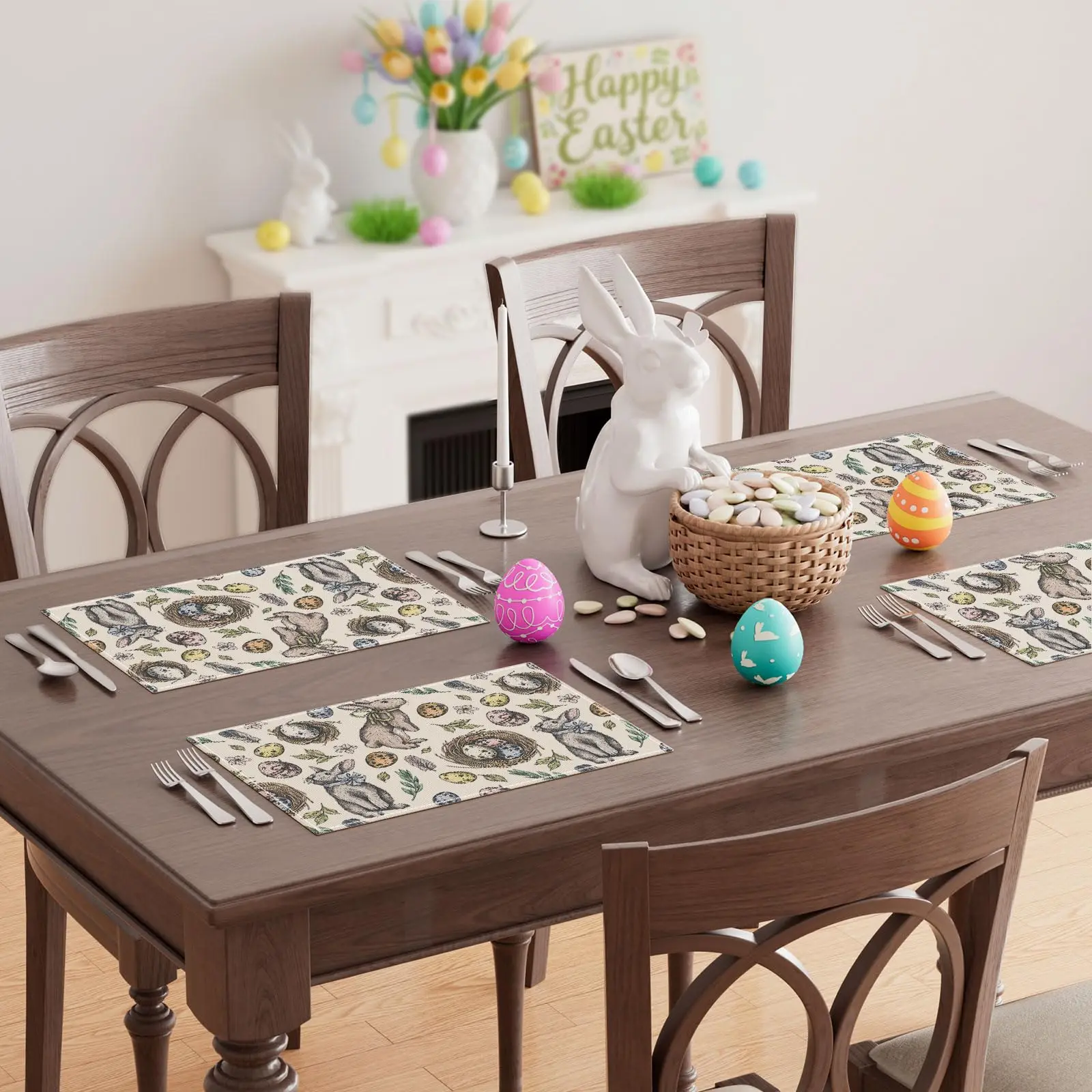 Line Drawing Bunny Eggs Leaves Rabbits Easter Placemats Table Mats for Party Home Kitchen Dining Table Decorations 12x18 Inch