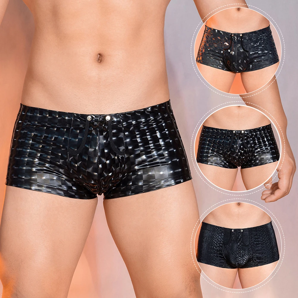 

1pc Mens Buttons Pouch Boxer Underwear Imitation Leather Panties Sexy Lingerie Low Rise Boxers Shorts Clubwear