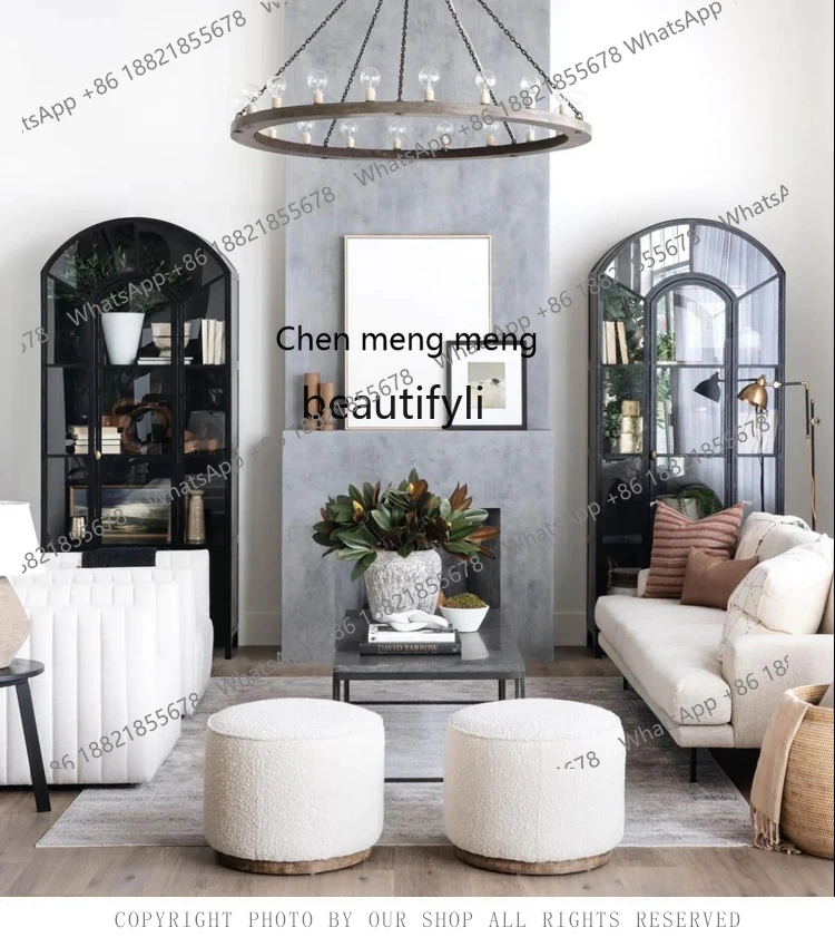 G153 American light luxury solid wood bookcase simple high-grade black arched display cabinet with glass door retro wine cabinet