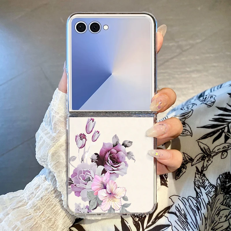 For Samsung Galaxy Z Flip 8 7 FE 6 5 4 3 5G Flowers Pattern Clear Folding Hard Phone Case Cover For Samsung Z Flip5 Flip6 Flip7