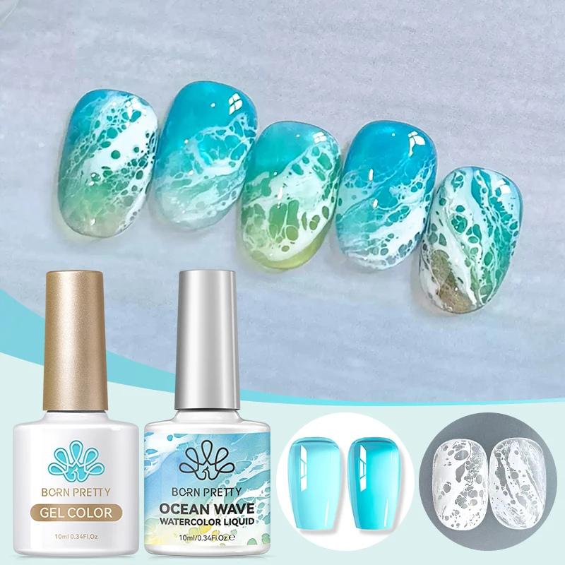 BORN PRETTY Set de 1/2 Esmaltes de Uñas en Gel Líquido con Efecto Ola Oceánica, Color Blanco Acuarela, Degradado en 3 Segundos, Uñas de Verano