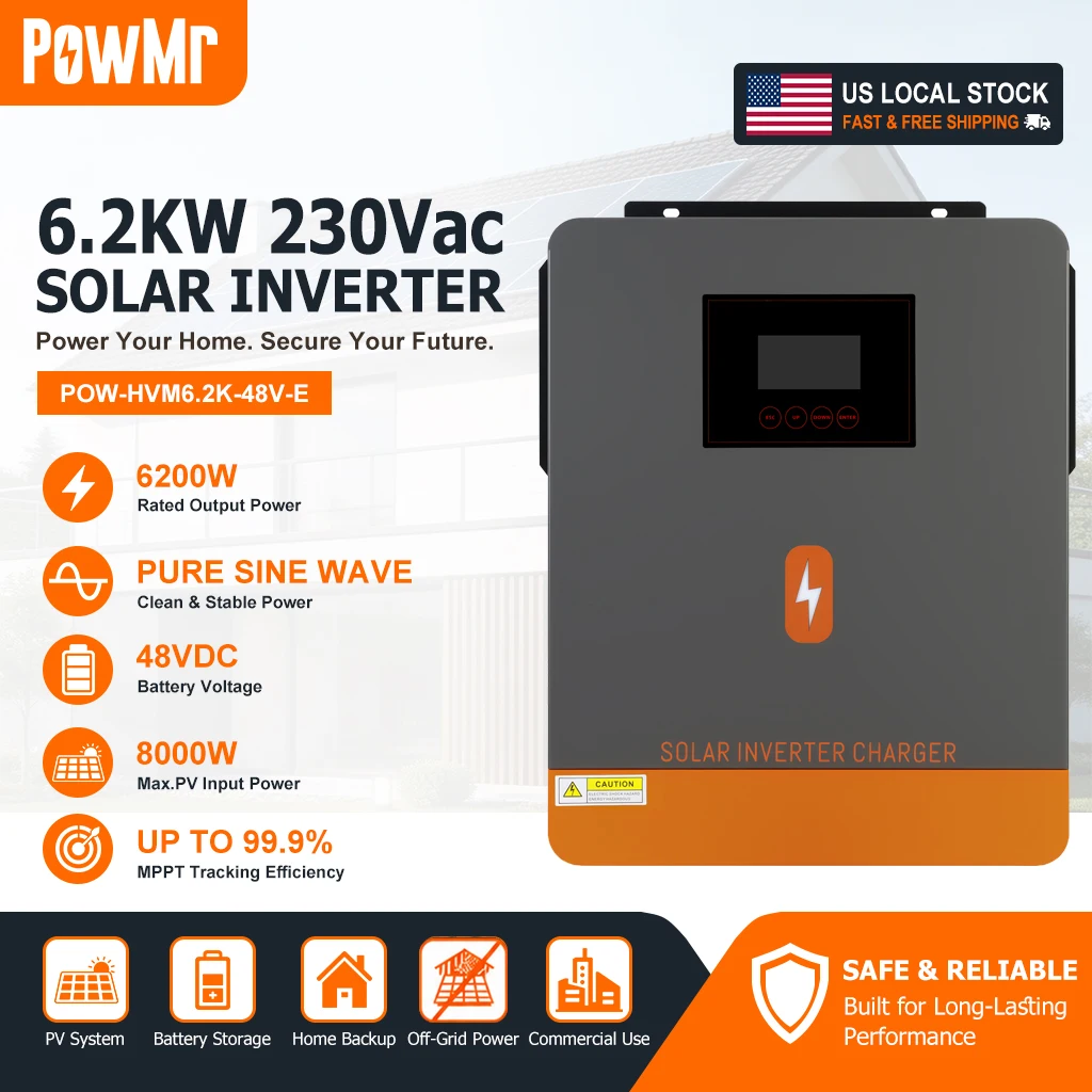 PowMr 6200W 48V 230VAC Solar Inverter Pure Sine Wave 120A MPPT Charger Max 8000W 500V PV Input Output Home Solar Backup Power System US Local Stock
