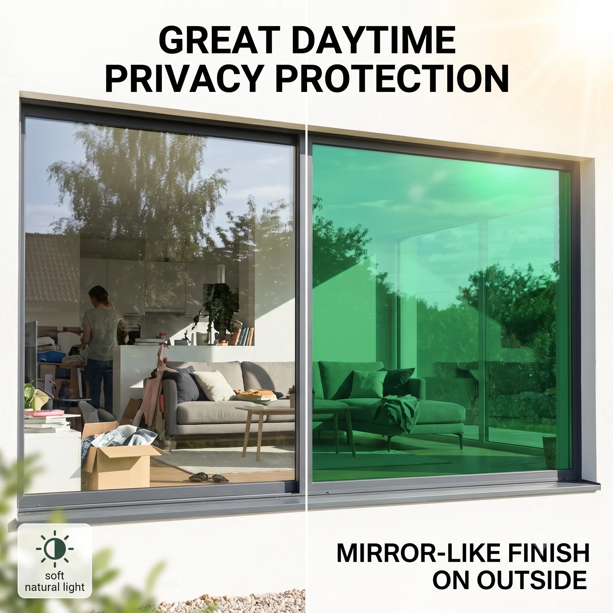 Green Silver Static Cling Window Film - No-Glue One-Way Daytime Privacy Tint Heat & UV Block Removable Reusable Glass Sticker