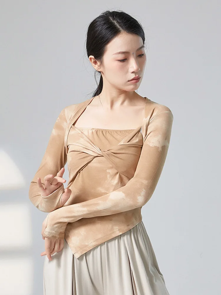 Tie Dye Slim Fit Ballet Dance Top for Women, Long Sleeve Square Neck Asymmetrical Shirt for Training and Artistic Performances