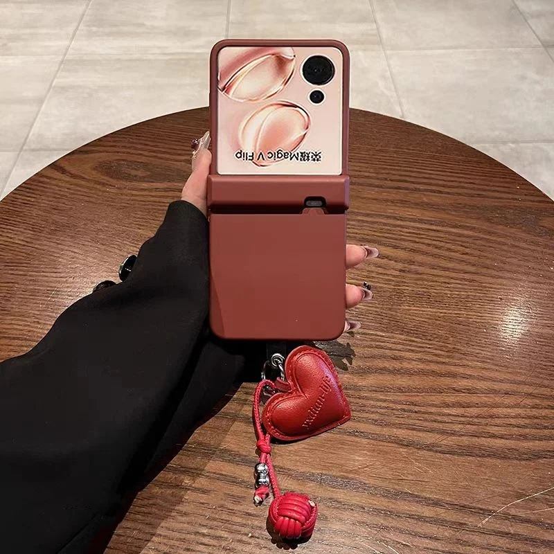 

Винно-красный кожаный плетеный мяч с подвеской в виде сердца, чехол для телефона Honor Magic V Flip для Huawei Nova, противоударный чехол