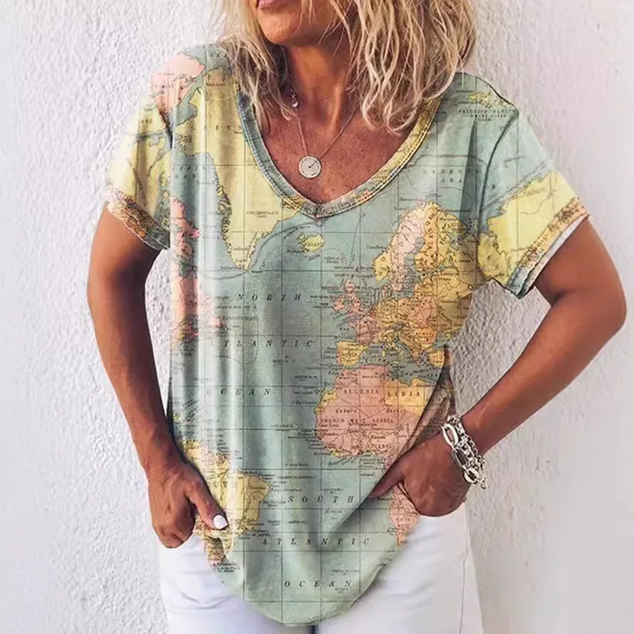 

Women's 2025 Map Print V-ne Loose ort-sved T-irt Casual Sportswear Set Student orm Work Outfit Autumn Collection