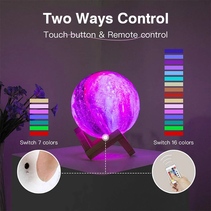 3D Printing Moon Galaxy Lamp Light 16 Color Change Touch And Remote Control Kids Night Light Bedroom Room Decor Home Gifts Lamp