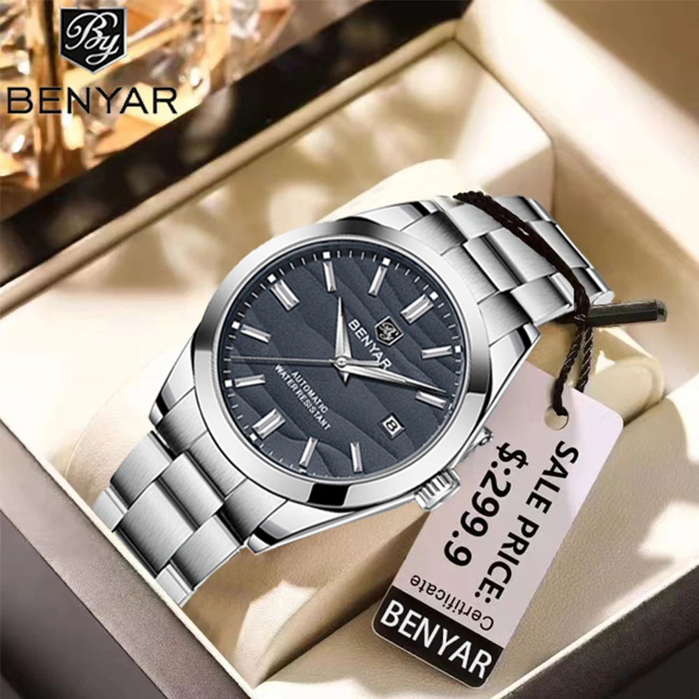 New BENYAR 40MM Men\'s Mechanical Watch 50M Waterproof Automatic Diving Watch Luxury Men\'s Stainless Steel Watch