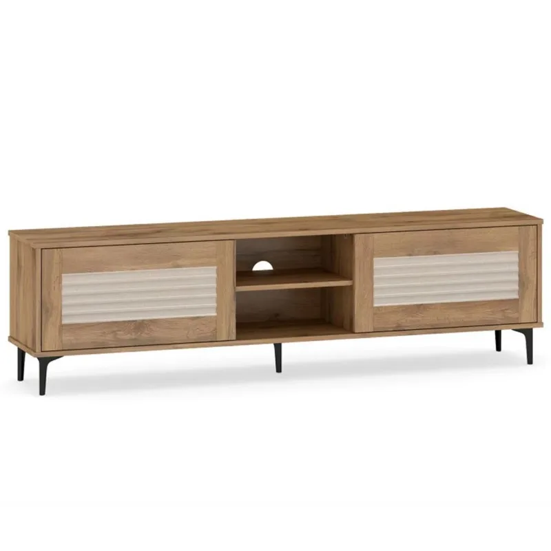 63-Inch open-shelf entertainment center with 5 metal legs with cable management for living room or bedroom use