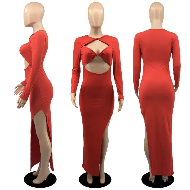 GUWU Sexy High Split Maxi Dress Women Evening Party Cut Out Long Sleeve Bodycon Dress Elegant Club Rave Festival Birthday Dress