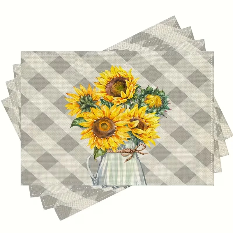 Grey Buffalo Check Sunflower Placemats Watercolor Sunflower Jug Rectangular Table Mats Farmhouse Rustic Decor Placemat