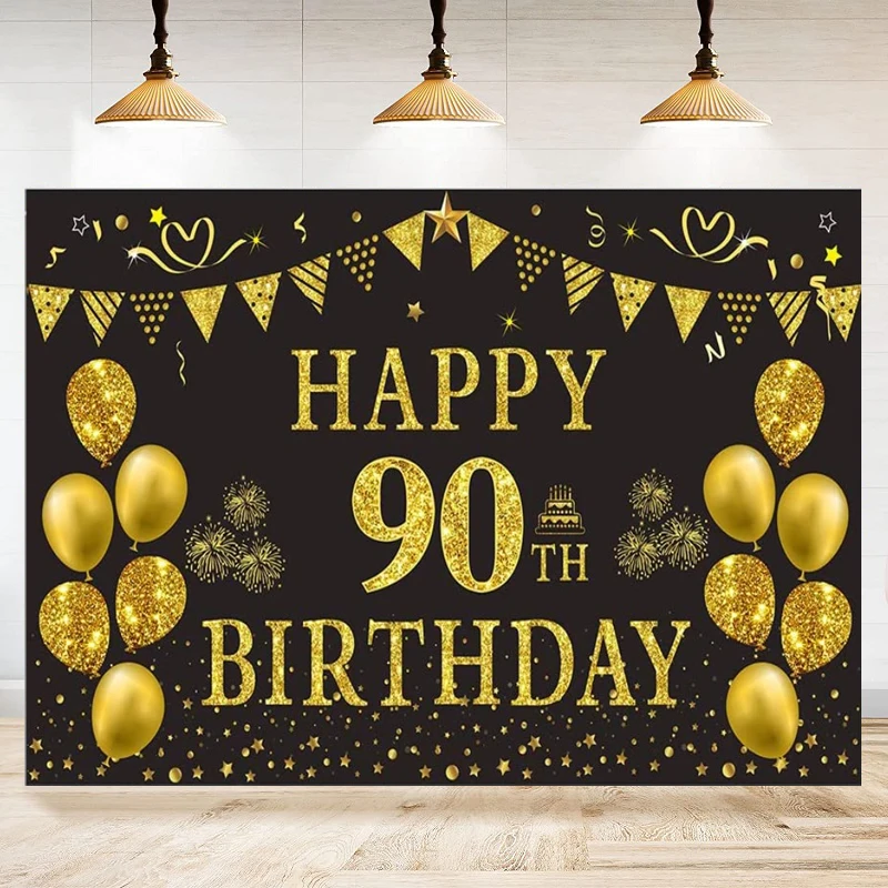 Fotografie Hintergrund Gold und Schwarz alles Gute zum 90. Geburtstag Party Dekorationen Banner für Frauen Männer liefert Hintergrund Poster