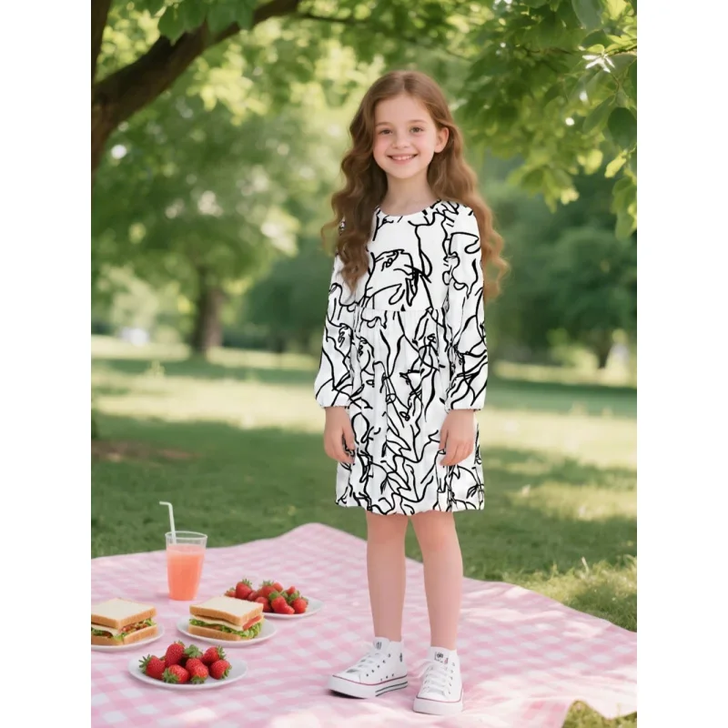 

Girls Art Line Print Dress Cute Children's Skirt Fashionable Kids' Clothing 2026