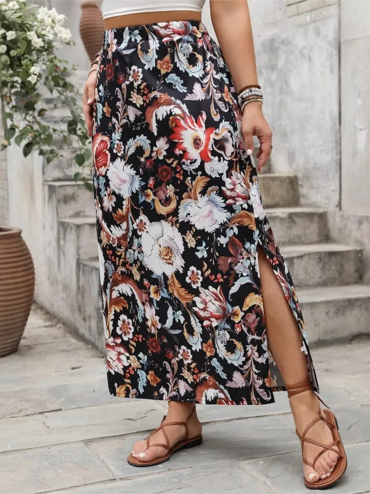 Plus Size Summer Elastic High Waist Skirts Women Floral Print Fashion Split Ladies Skirts Casual Loose Woman Long Skirts