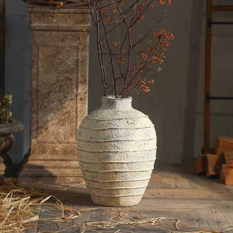Sand Beige Textured Vase, Large MgO Floor Planter, Striped Rustic Pot, Decorative Centerpiece, Home Decor, 40cm Tall