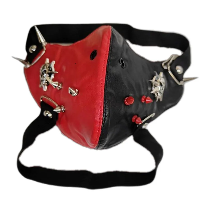 Mannen Dames Rood Zwart PU Leer Klinknagel Schedel Punk Rock Masker Dame Ademend Feest Cosplay Halloween Mond-moffel R3052